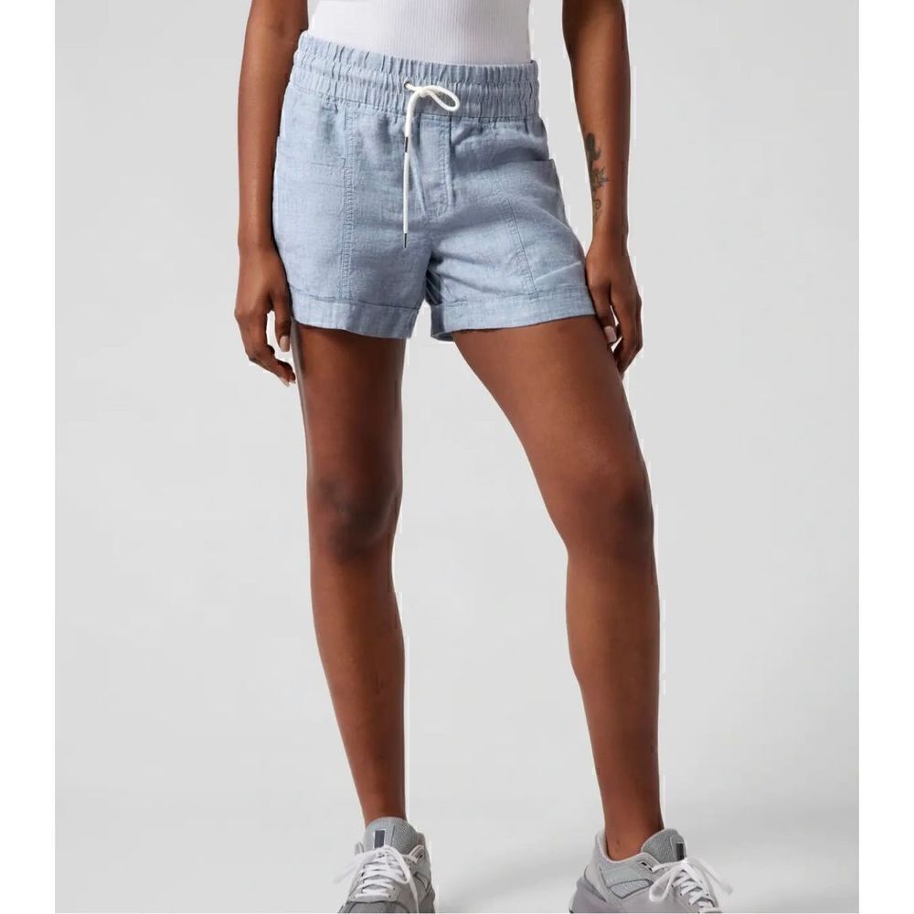 Athleta Cabo Linen 4" Womens Shorts 2 Blue Pockets Drawstring Elastic